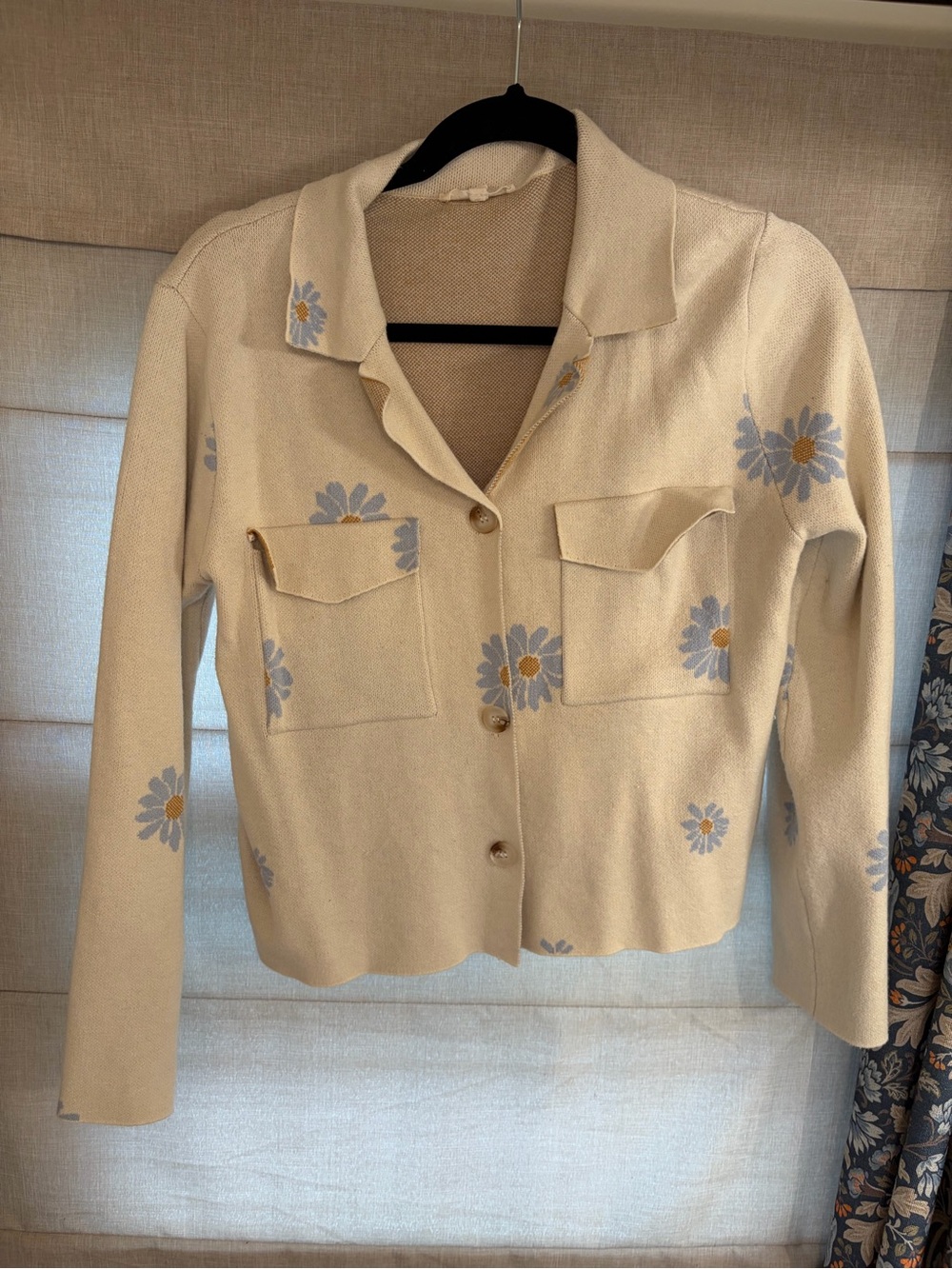 Mystree Cream Cardigan Sweater with Blue & Yellow Daisy Print